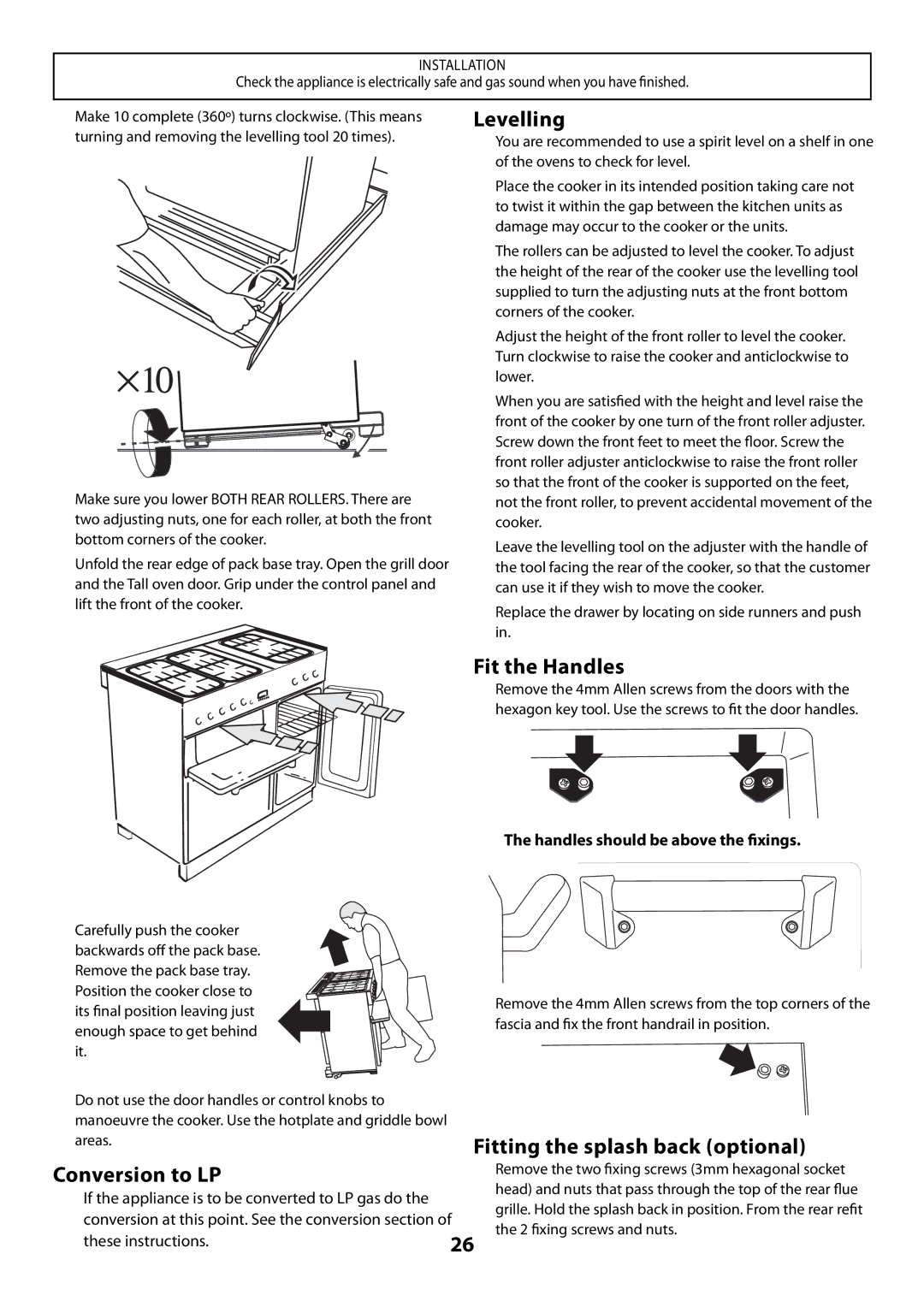 Rangemaster U109300 - 01 manual Levelling, Fit the Handles, Fitting the splash back optional, Conversion to LP 