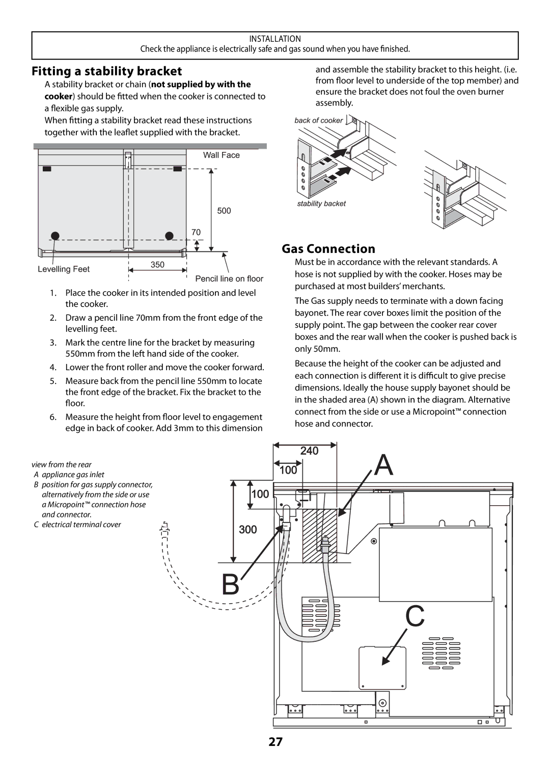 Rangemaster U109300 - 01 manual Fitting a stability bracket, Gas Connection 