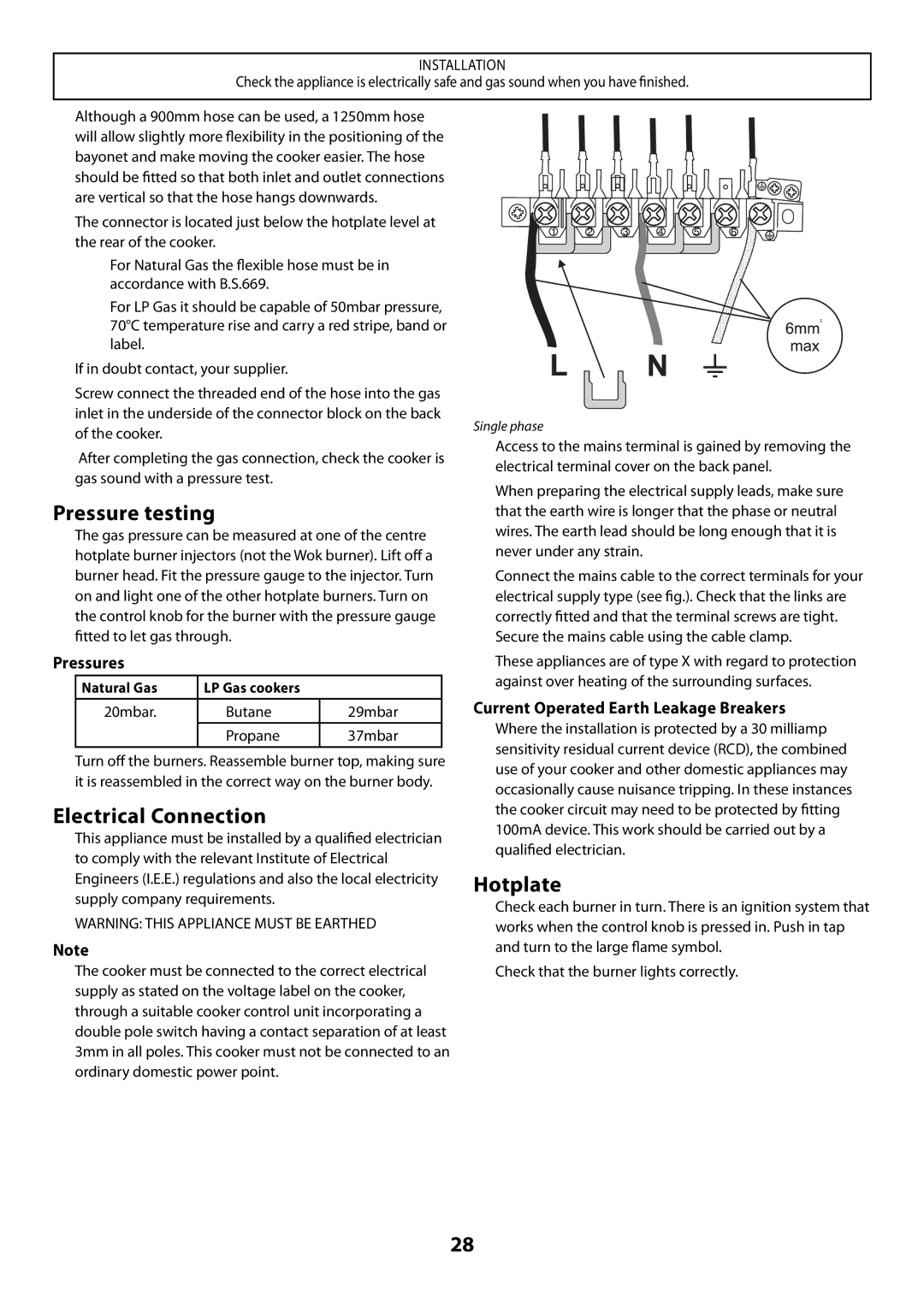 Rangemaster U109300 - 01 manual Pressure testing, Electrical Connection, Pressures 