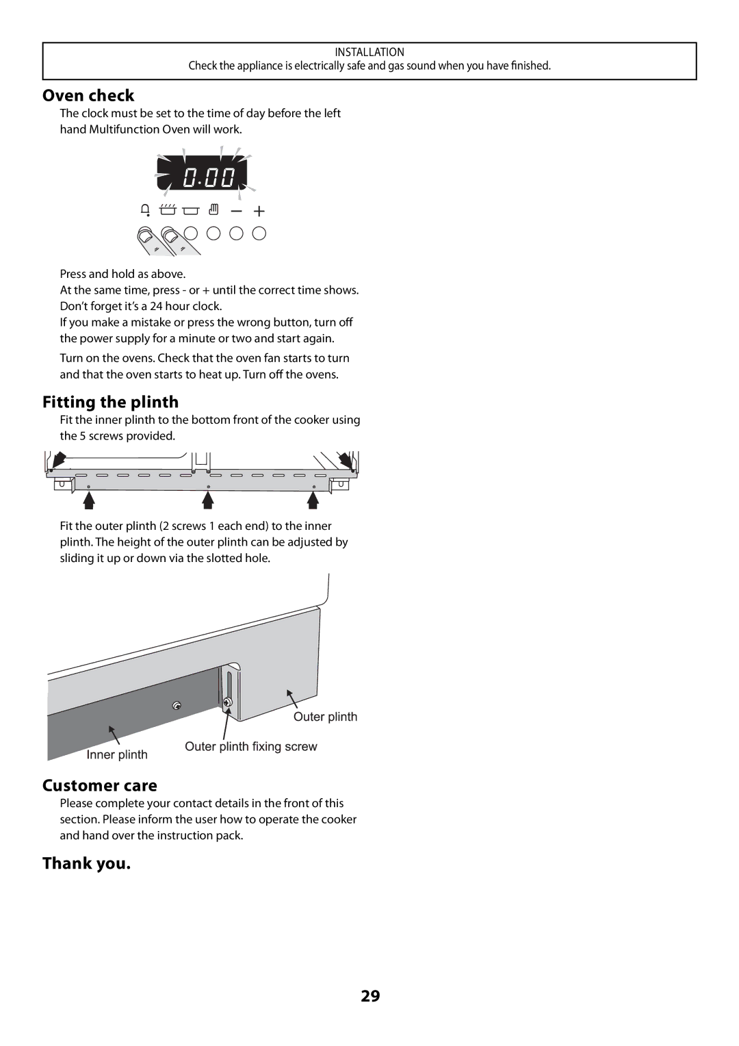 Rangemaster U109300 - 01 manual Oven check, Fitting the plinth, Customer care, Thank you 