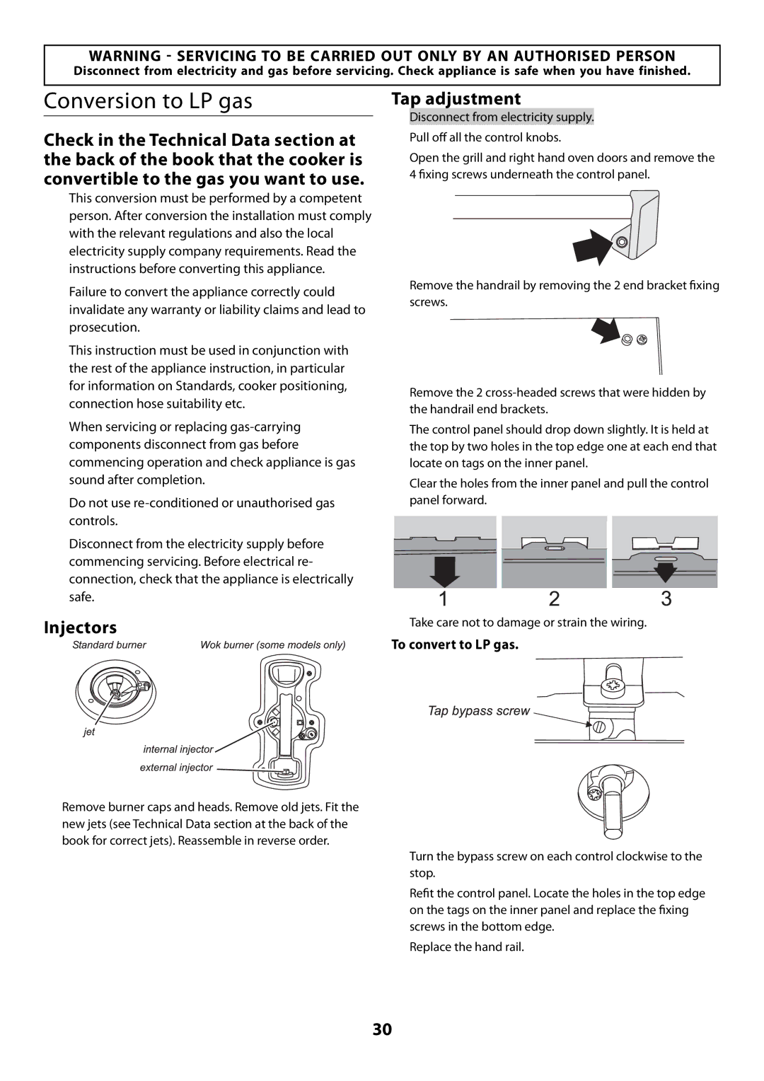 Rangemaster U109300 - 01 manual Conversion to LP gas, Injectors, Tap adjustment, To convert to LP gas 