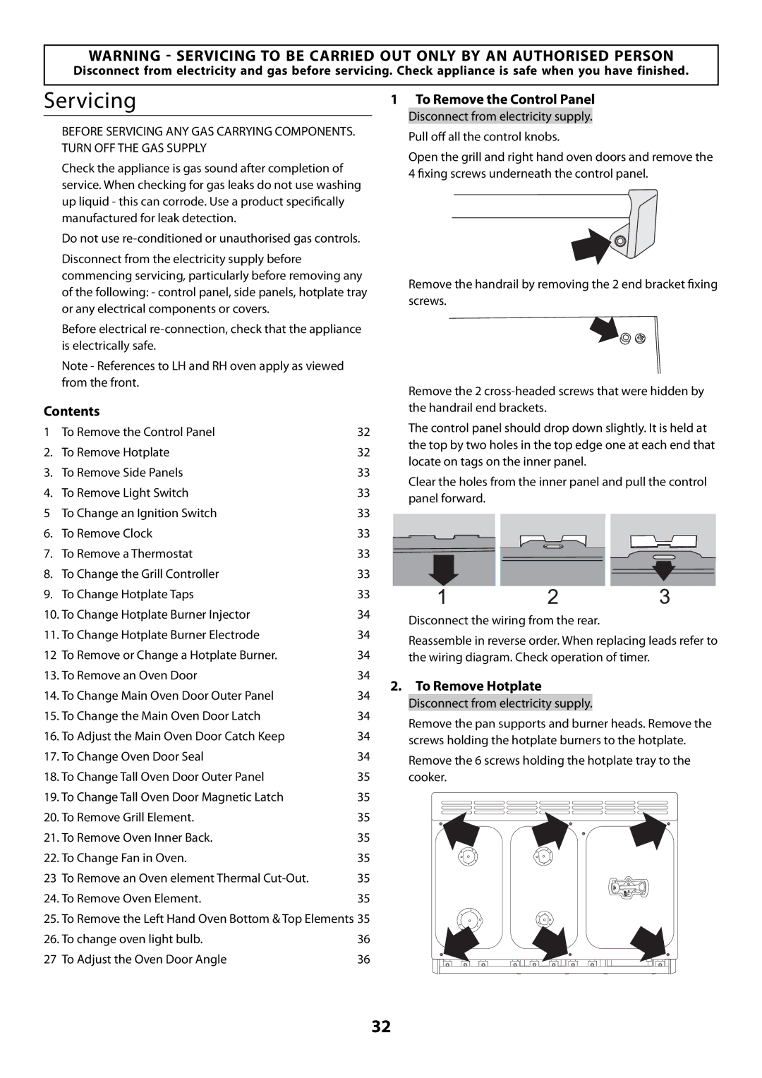 Rangemaster U109300 - 01 manual Servicing, To Remove the Control Panel, Contents, To Remove Hotplate 