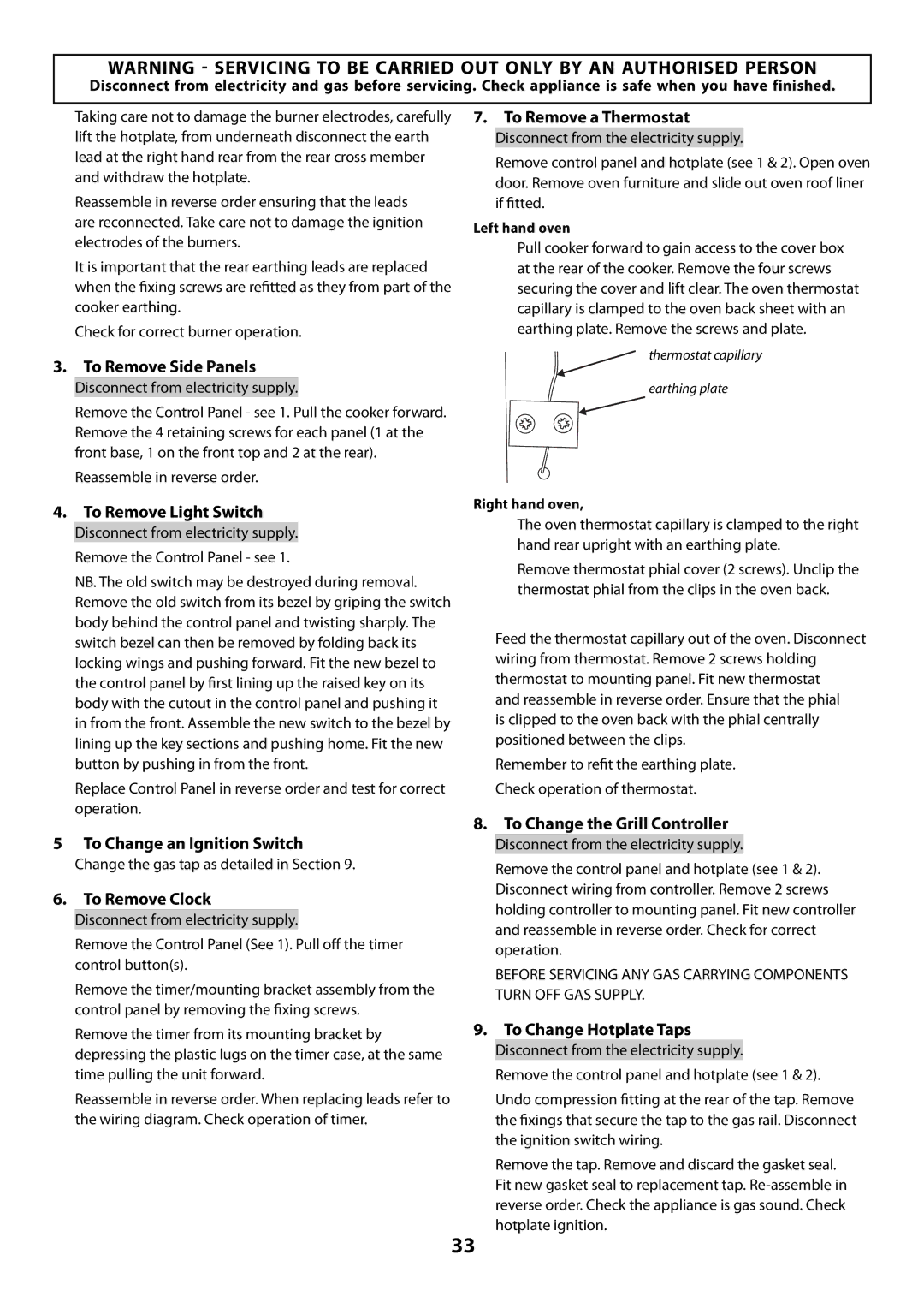 Rangemaster U109300 - 01 manual To Remove Side Panels, To Remove Light Switch, To Remove a Thermostat, To Remove Clock 