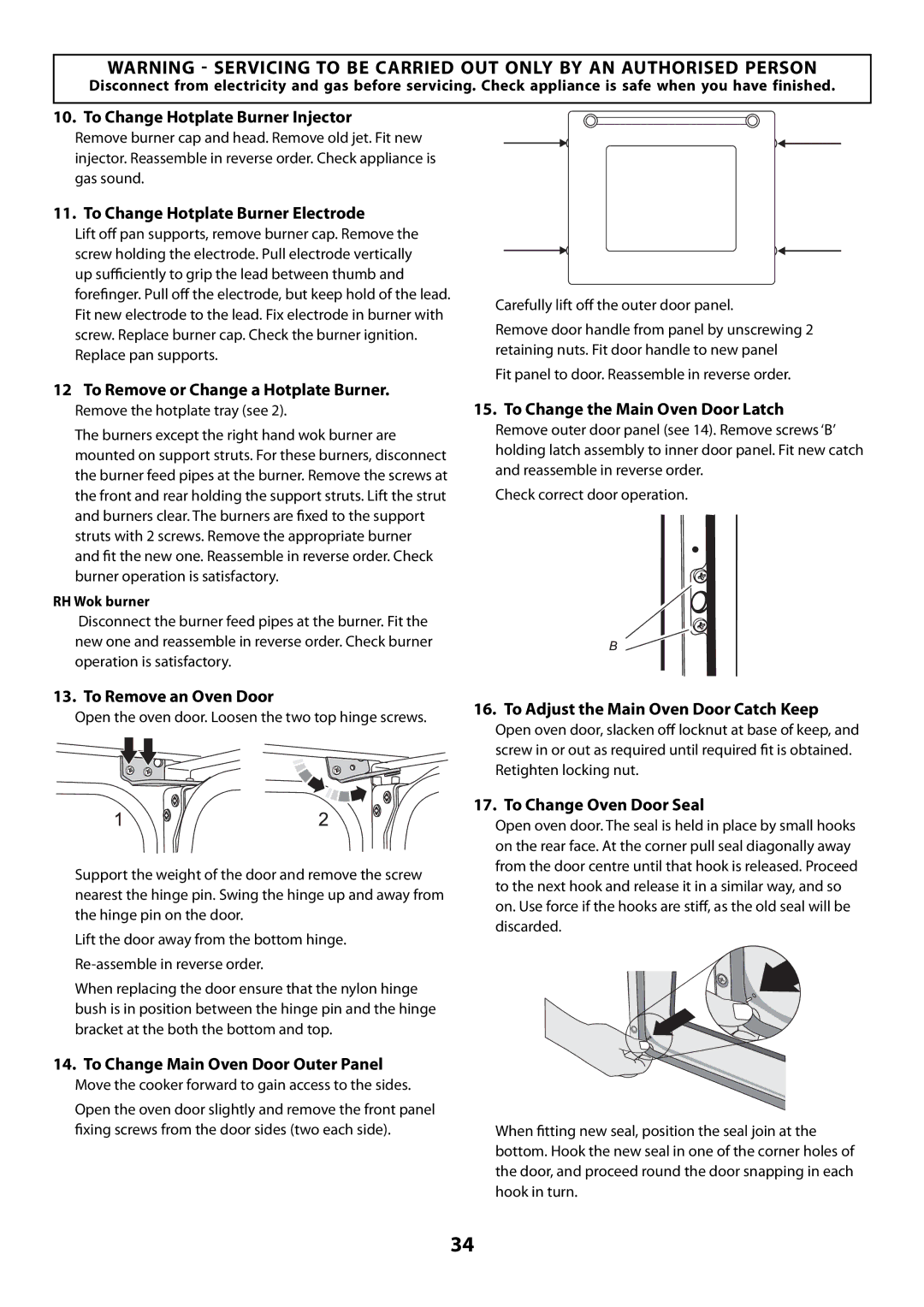 Rangemaster U109300 - 01 To Change Hotplate Burner Injector, To Change Hotplate Burner Electrode, To Remove an Oven Door 