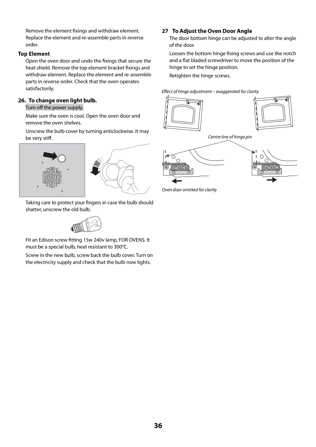 Rangemaster U109300 - 01 manual Top Element, To change oven light bulb, To Adjust the Oven Door Angle 