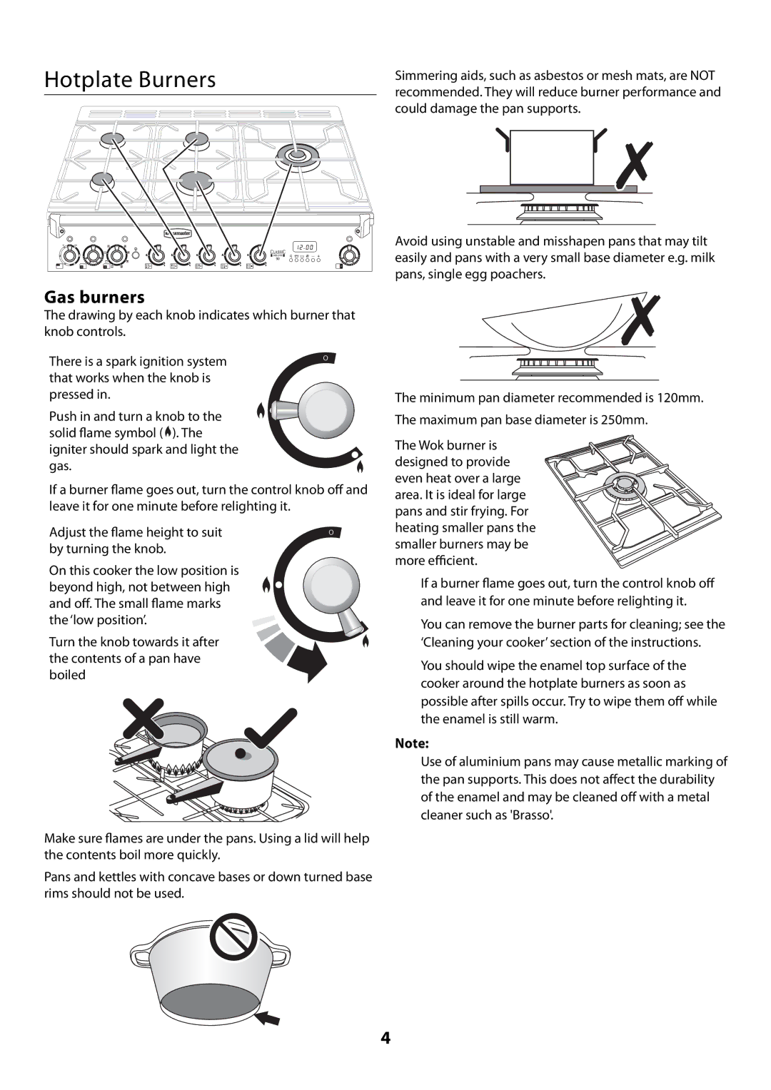 Rangemaster U109300 - 01 manual Hotplate Burners, Gas burners 