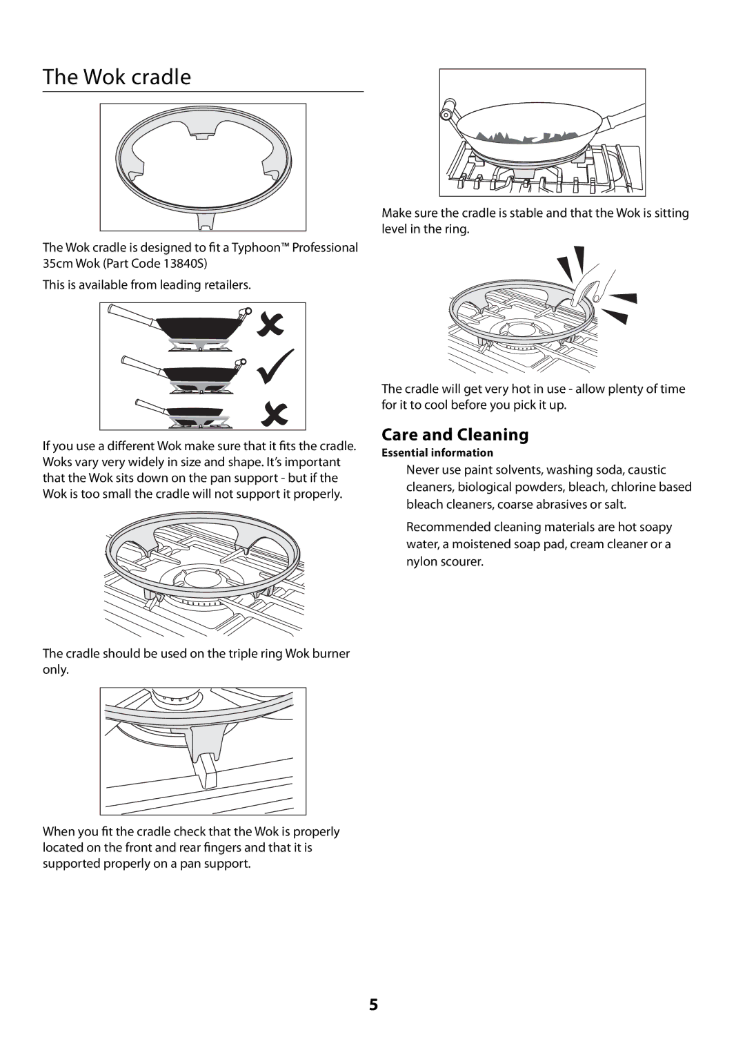 Rangemaster U109300 - 01 manual Wok cradle, Care and Cleaning 