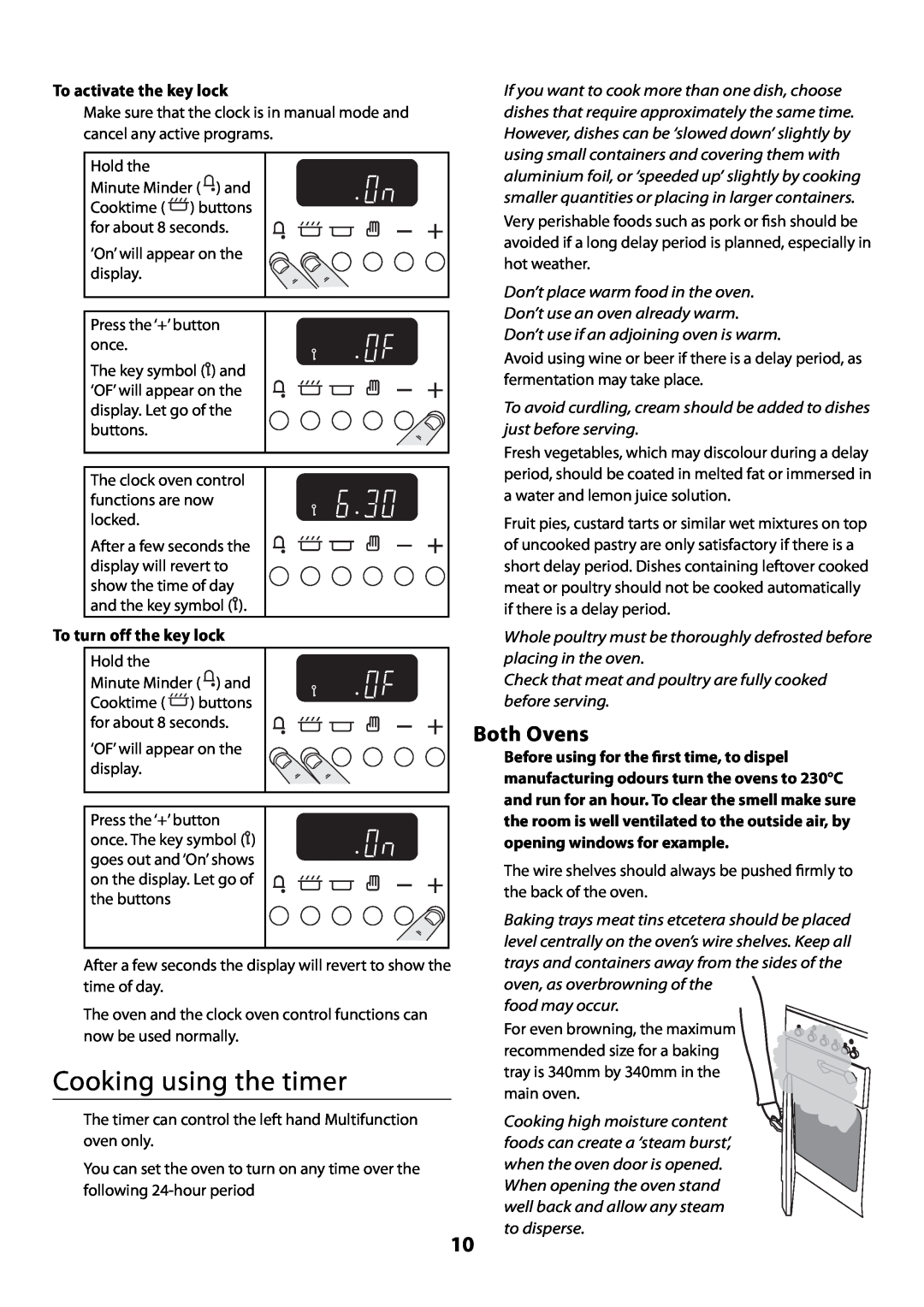 Rangemaster U109300 - 01 manual Cooking using the timer, Both Ovens, To activate the key lock, To turn off the key lock 
