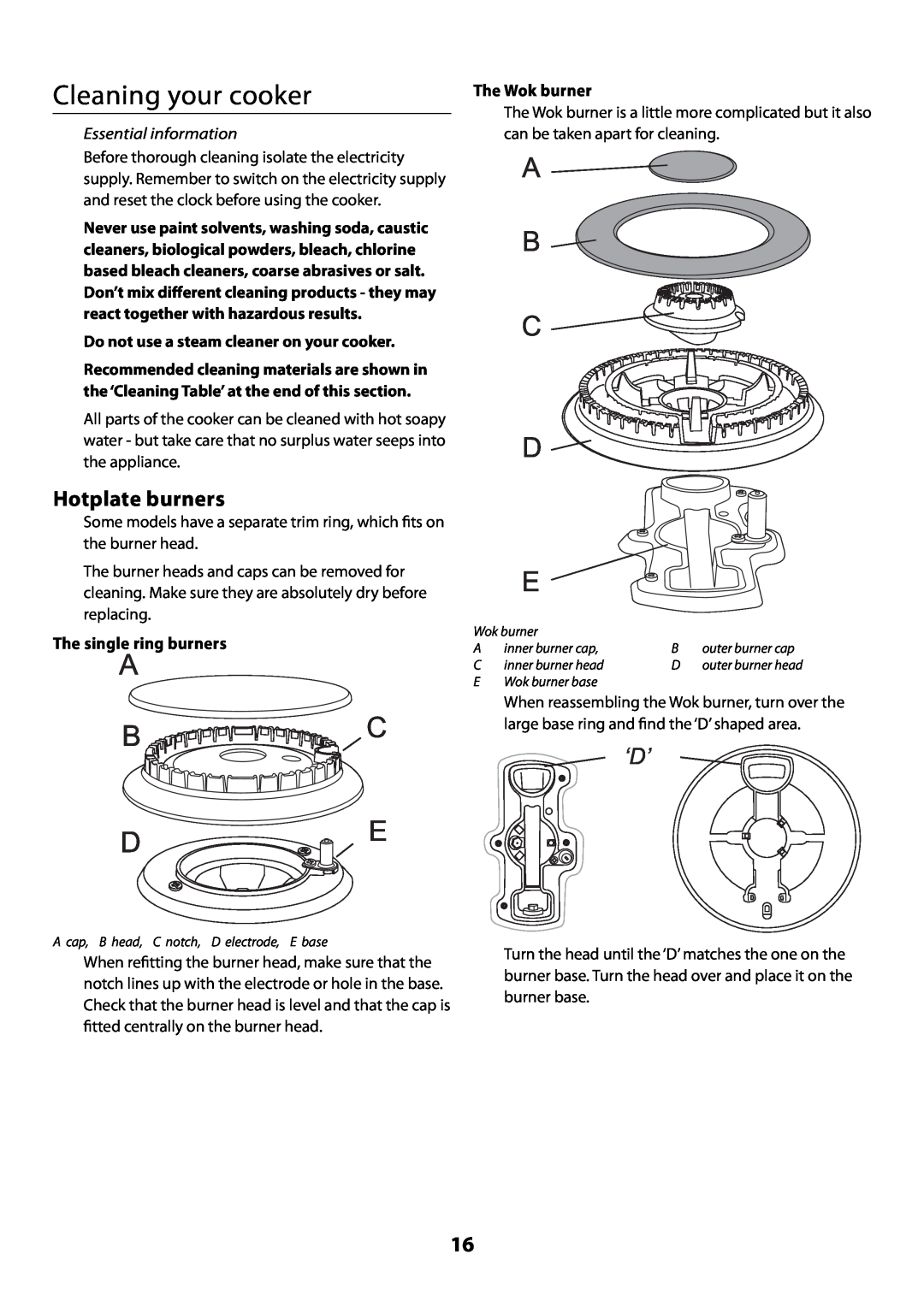 Rangemaster U109300 - 01 manual Cleaning your cooker, Hotplate burners, The single ring burners, The Wok burner 