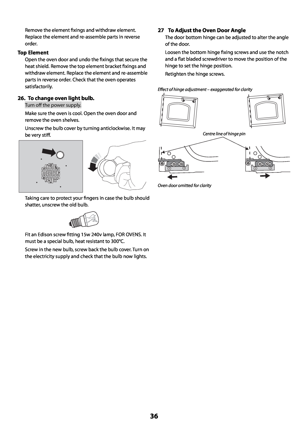 Rangemaster U109300 - 01 manual Top Element, To change oven light bulb, To Adjust the Oven Door Angle 