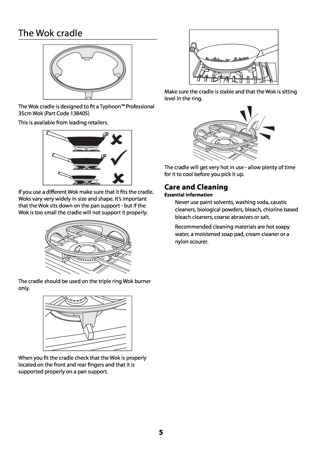 Rangemaster U109300 - 01 manual The Wok cradle, Care and Cleaning 