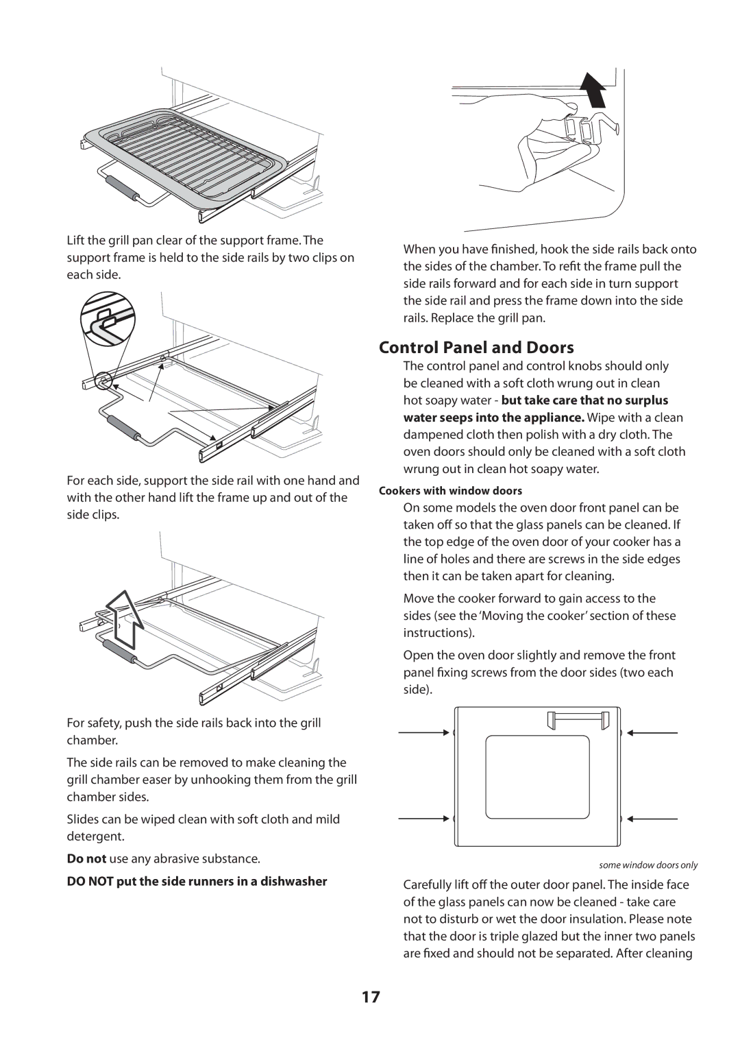 Rangemaster U109360 - 01 manual Control Panel and Doors, Do not put the side runners in a dishwasher 