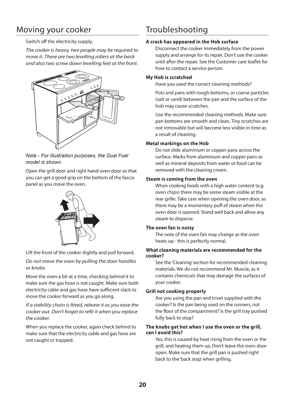 Rangemaster U109360 - 01 manual Moving your cooker, Troubleshooting 