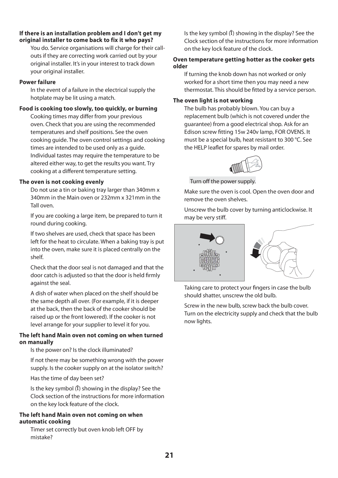 Rangemaster U109360 - 01 Power failure, Food is cooking too slowly, too quickly, or burning, Oven is not cooking evenly 