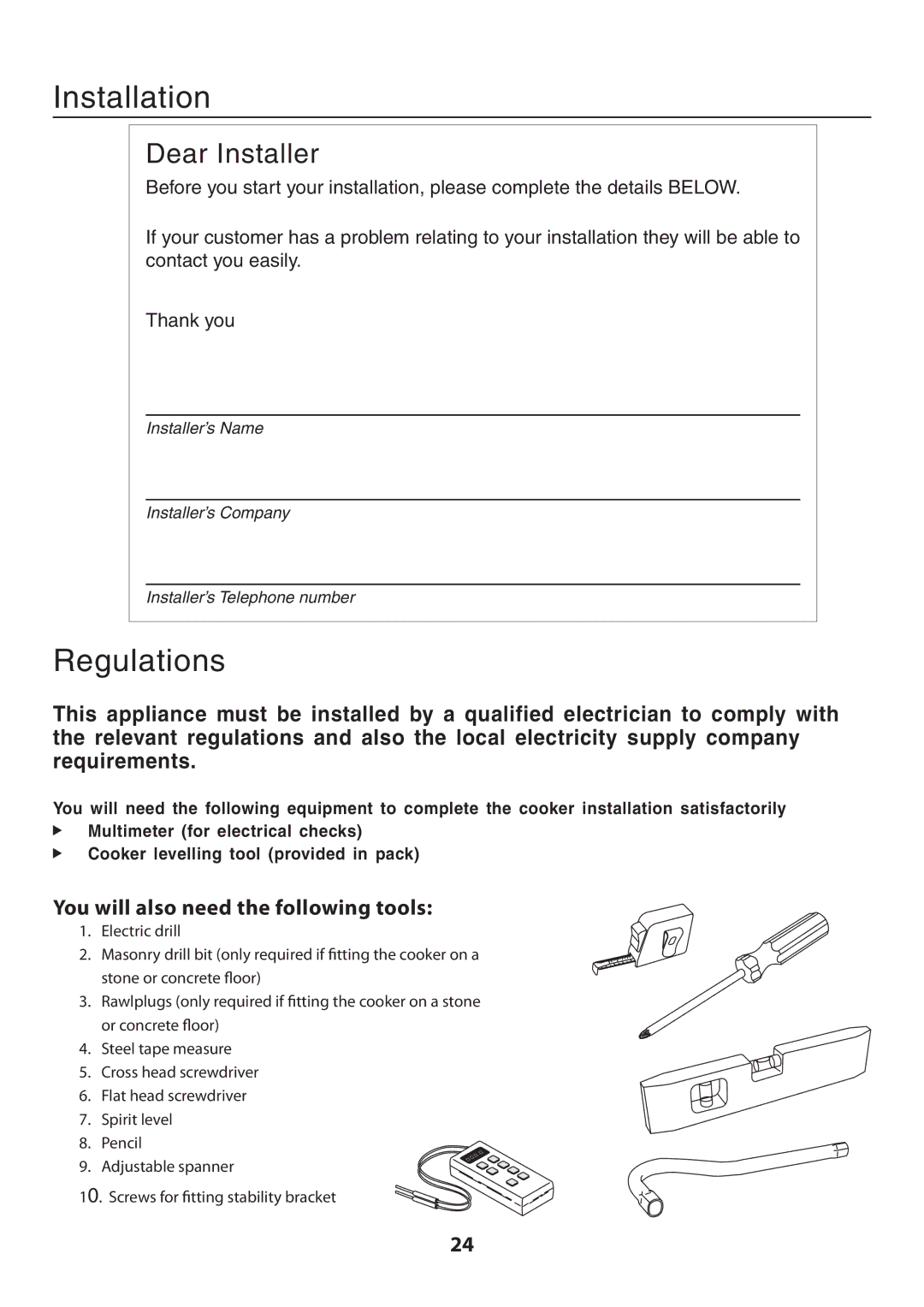 Rangemaster U109360 - 01 manual Installation, You will also need the following tools 