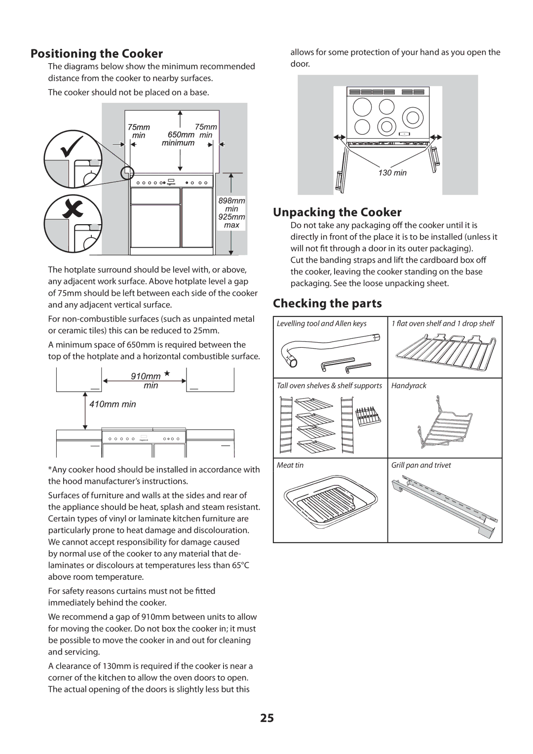 Rangemaster U109360 - 01 manual Positioning the Cooker, Unpacking the Cooker, Checking the parts 