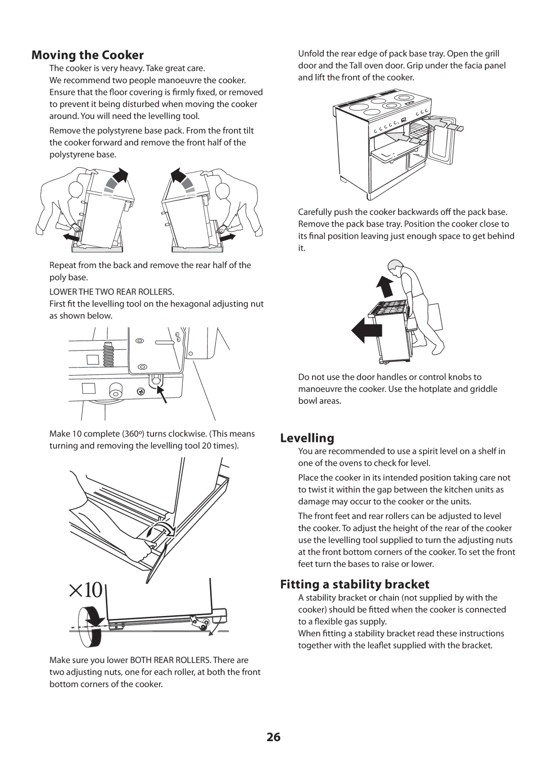 Rangemaster U109360 - 01 manual Moving the Cooker, Levelling, Fitting a stability bracket 