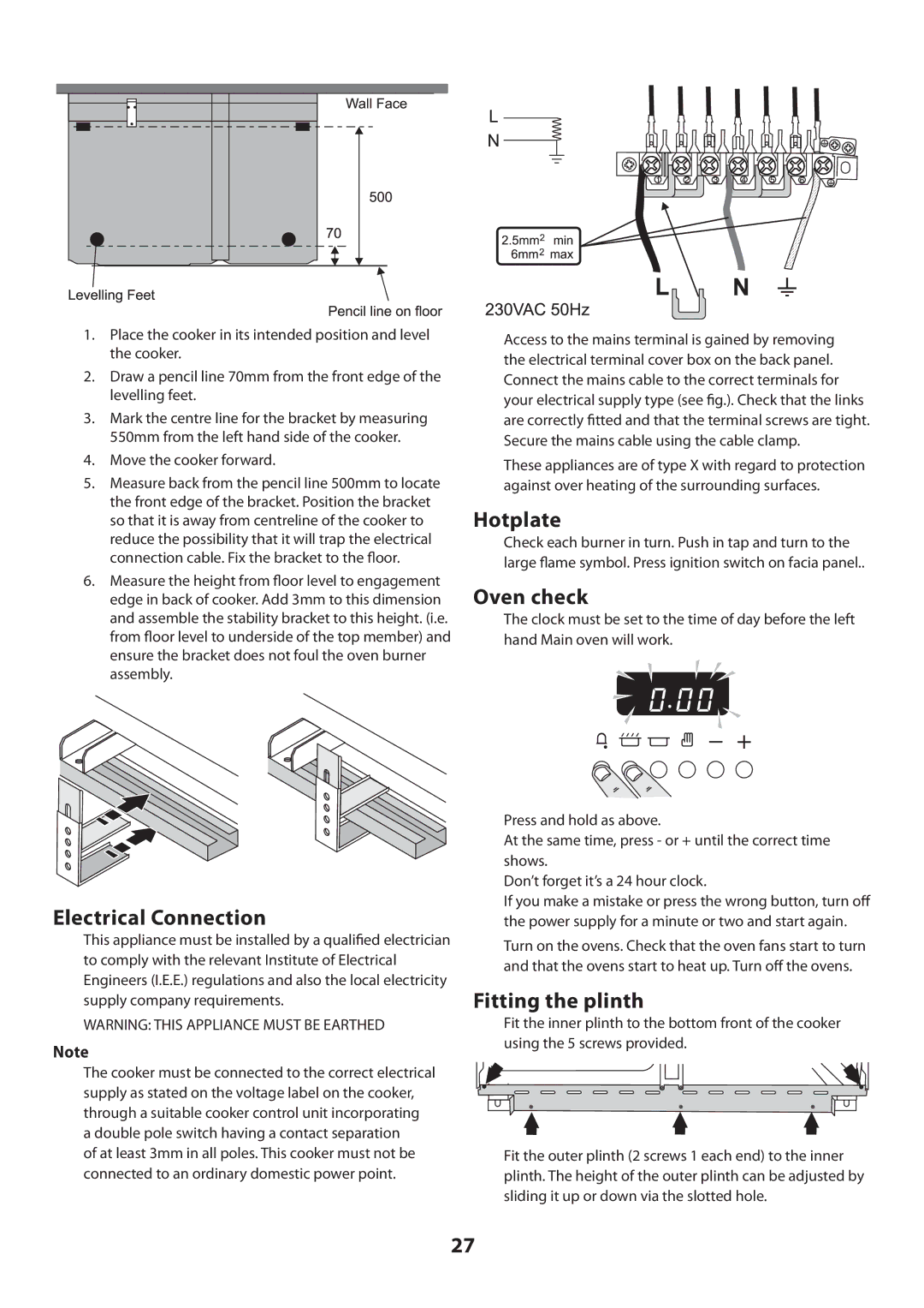 Rangemaster U109360 - 01 manual Electrical Connection, Hotplate, Oven check, Fitting the plinth 