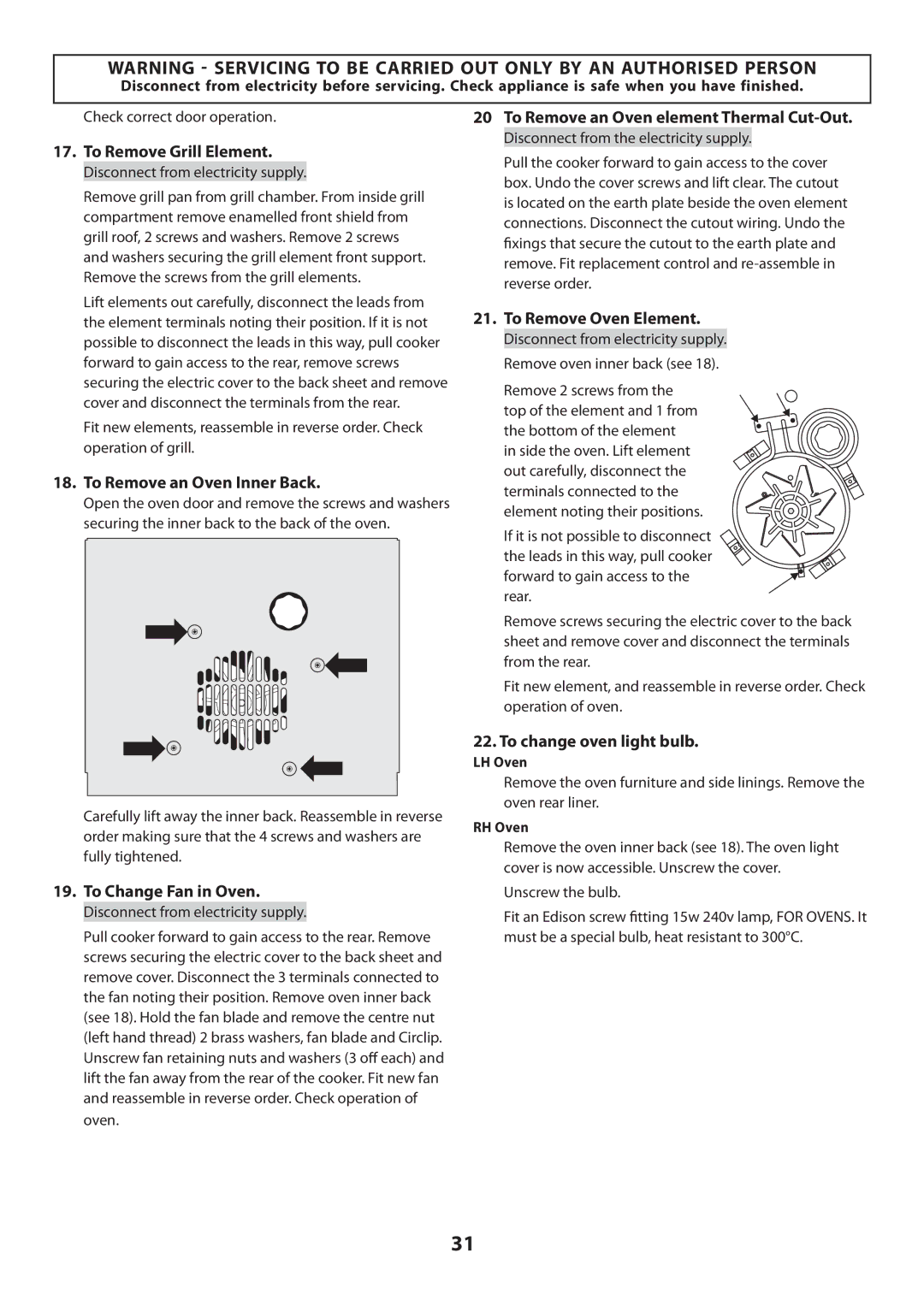 Rangemaster U109360 - 01 To Remove Grill Element, To Remove an Oven Inner Back, To Remove an Oven element Thermal Cut-Out 