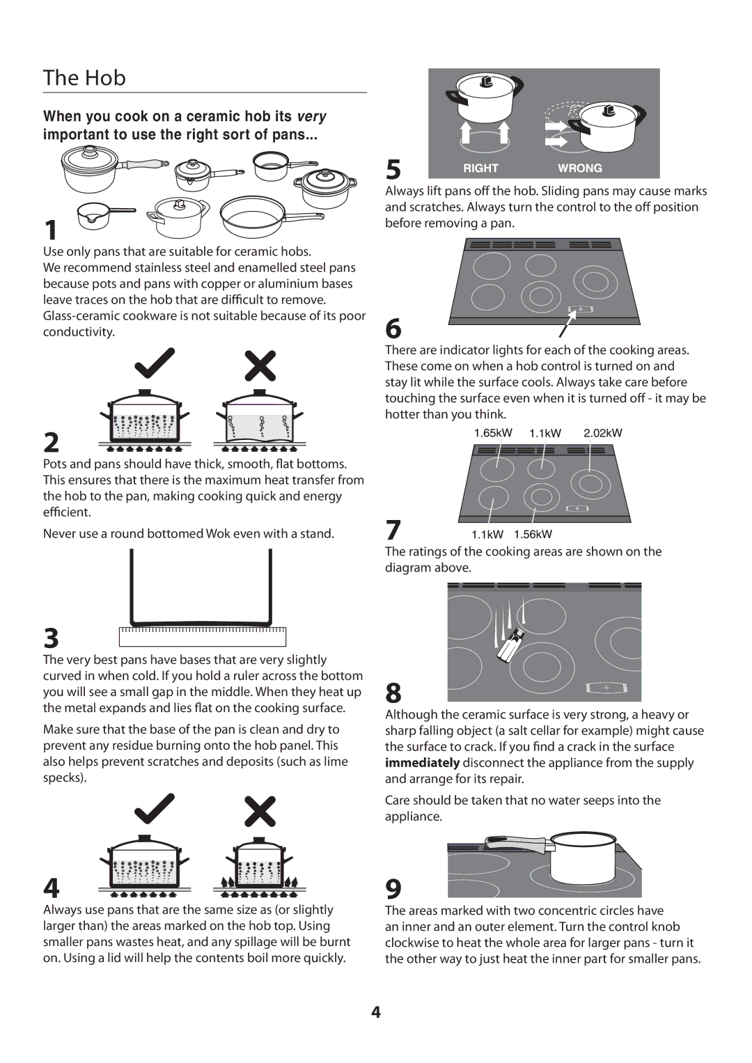 Rangemaster U109360 - 01 manual Hob, Use only pans that are suitable for ceramic hobs 