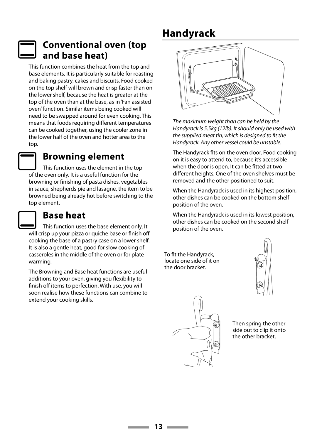 Rangemaster U109600-02 manual Handyrack, Conventional oven top and base heat 