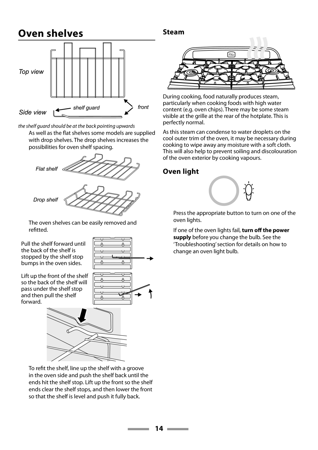 Rangemaster U109600-02 manual Oven shelves, Oven light 