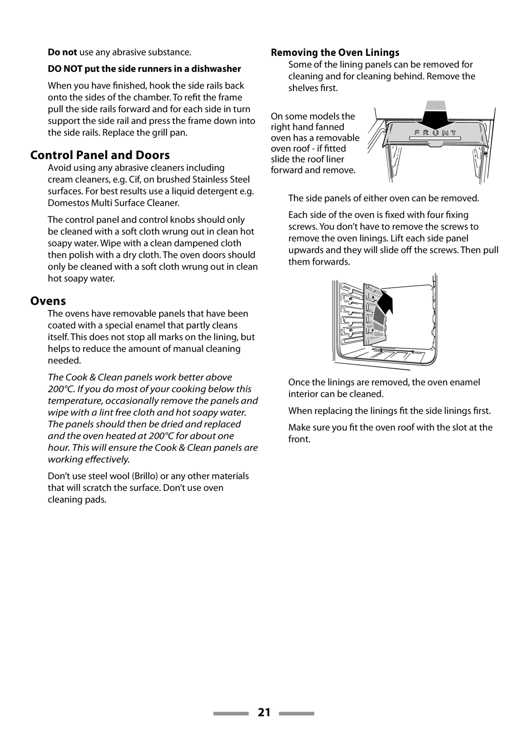 Rangemaster U109600-02 manual Control Panel and Doors, Ovens, Removing the Oven Linings 