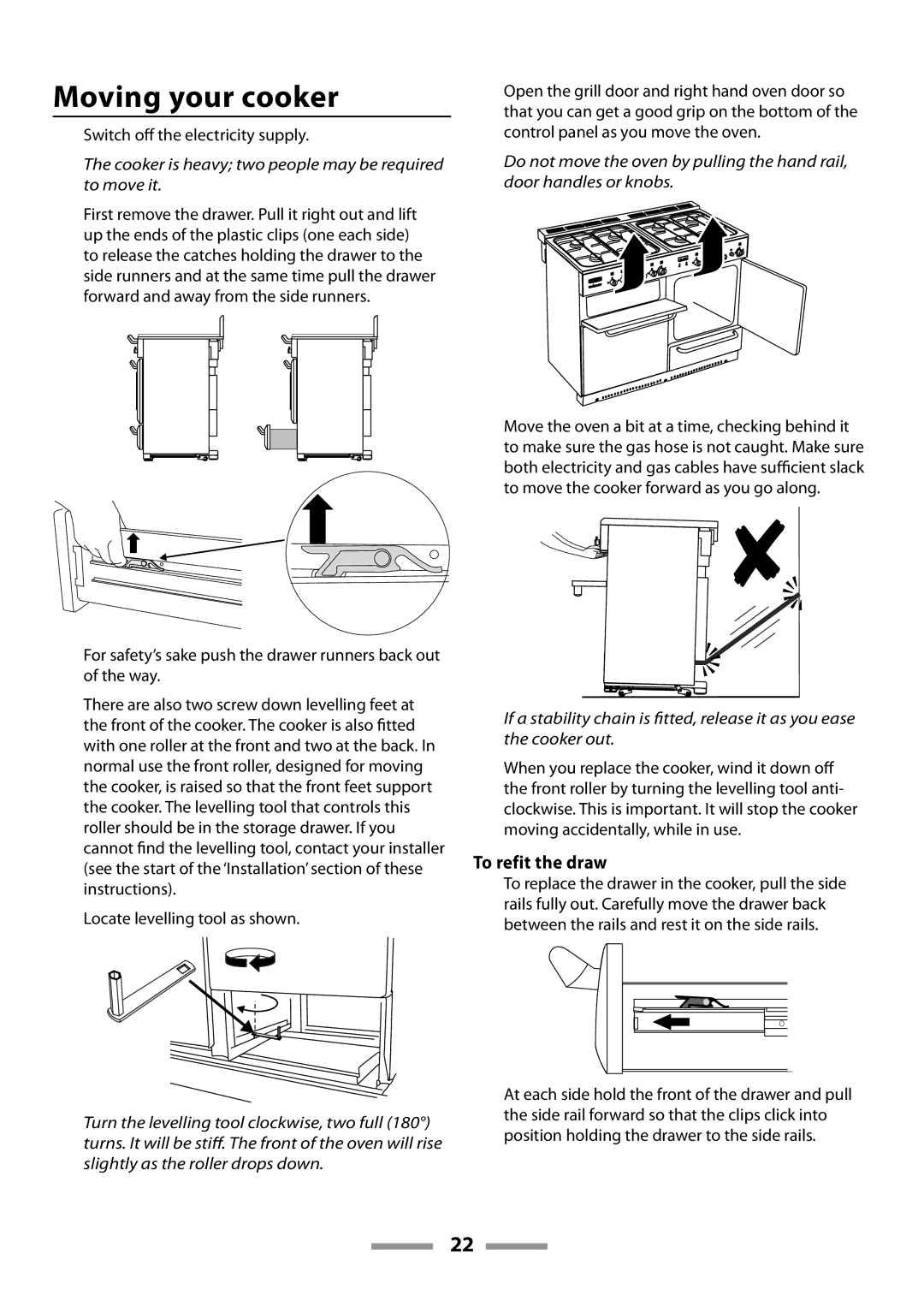 Rangemaster U109600-02 manual Moving your cooker, To refit the draw 