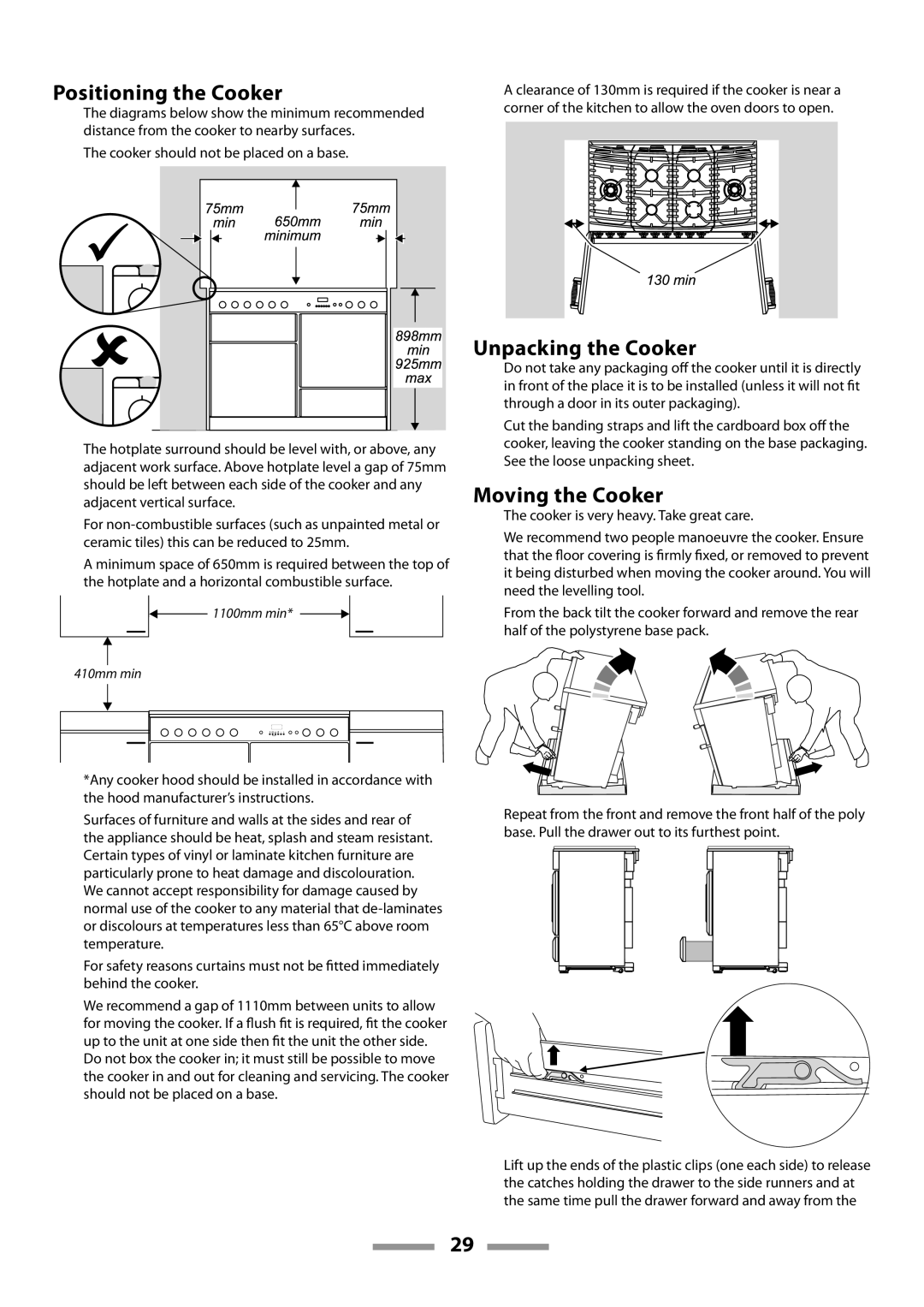 Rangemaster U109600-02 manual Positioning the Cooker, Unpacking the Cooker, Moving the Cooker 