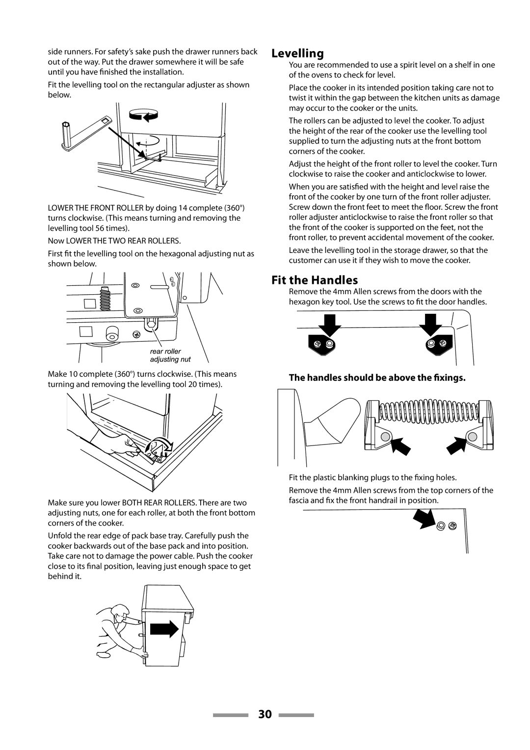 Rangemaster U109600-02 manual Levelling, Fit the Handles, Handles should be above the ﬁxings 