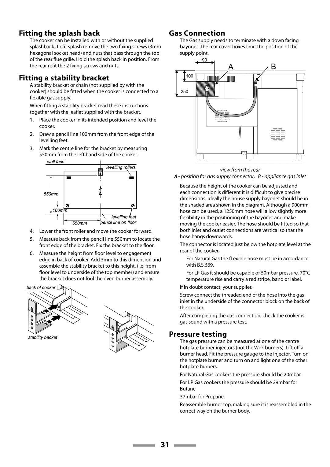 Rangemaster U109600-02 manual Fitting the splash back, Fitting a stability bracket, Gas Connection, Pressure testing 