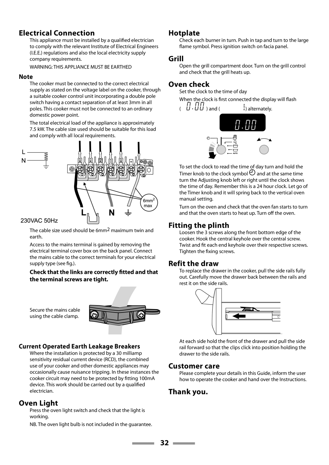 Rangemaster U109600-02 manual Electrical Connection, Grill, Oven check, Fitting the plinth, Refit the draw, Customer care 