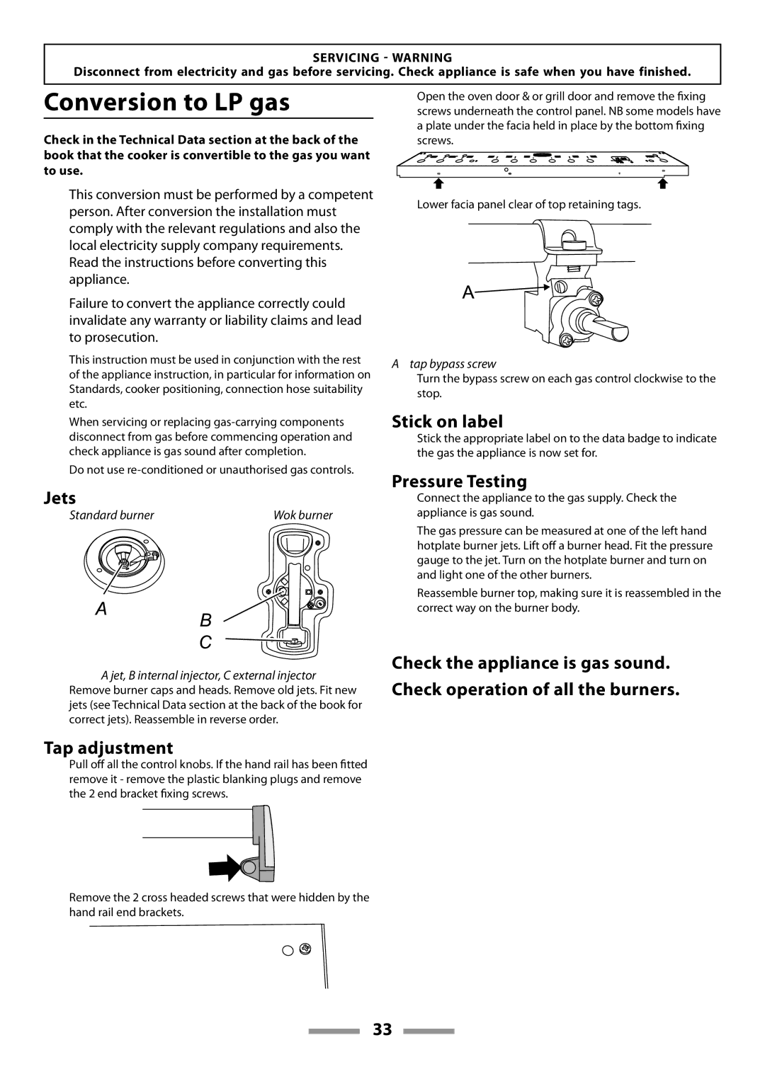 Rangemaster U109600-02 manual Conversion to LP gas, Jets, Stick on label, Tap adjustment 