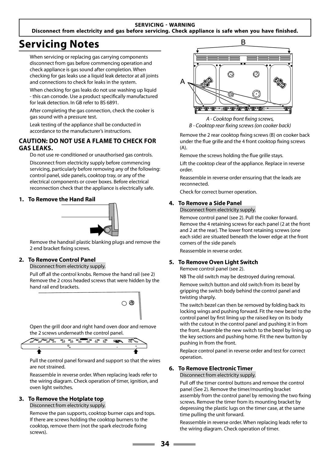 Rangemaster U109600-02 manual Servicing Notes 