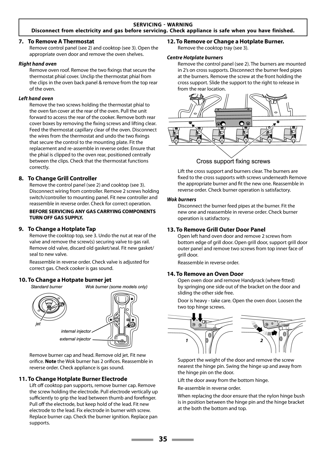 Rangemaster U109600-02 manual To Remove a Thermostat, To Remove or Change a Hotplate Burner, To Change Grill Controller 