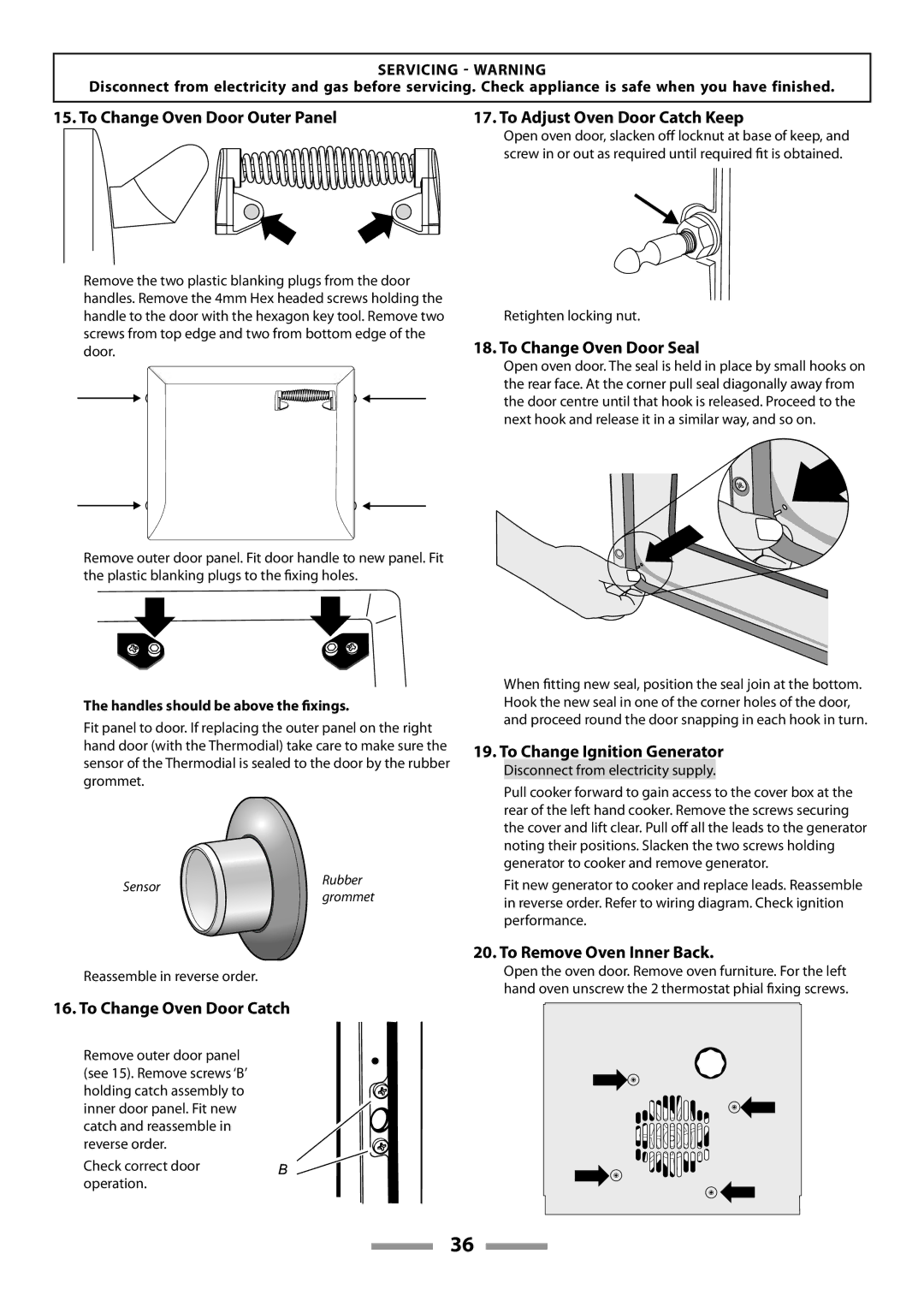 Rangemaster U109600-02 manual To Change Oven Door Outer Panel, To Change Oven Door Catch, To Adjust Oven Door Catch Keep 