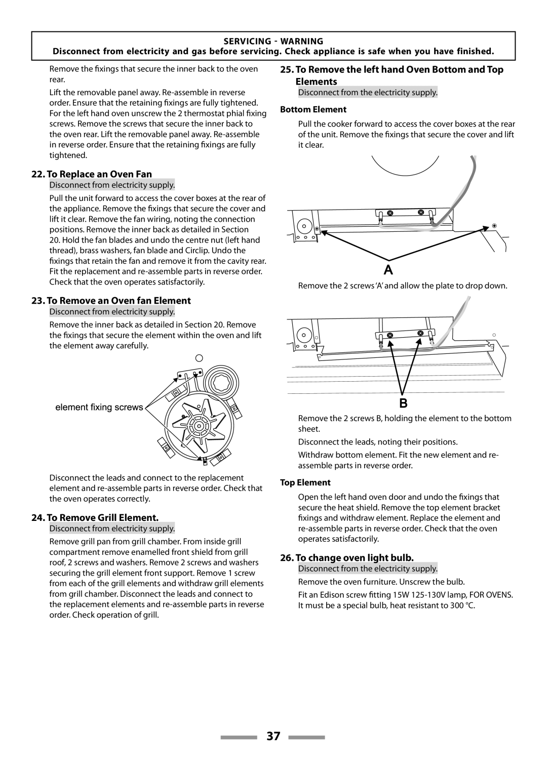 Rangemaster U109600-02 manual To Replace an Oven Fan, To Remove the left hand Oven Bottom and Top Elements 