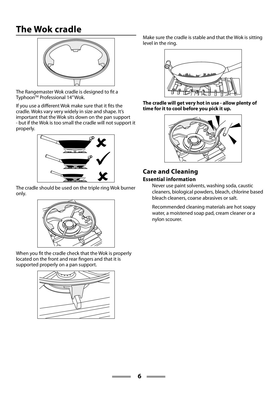 Rangemaster U109600-02 manual Wok cradle, Care and Cleaning, Essential information 