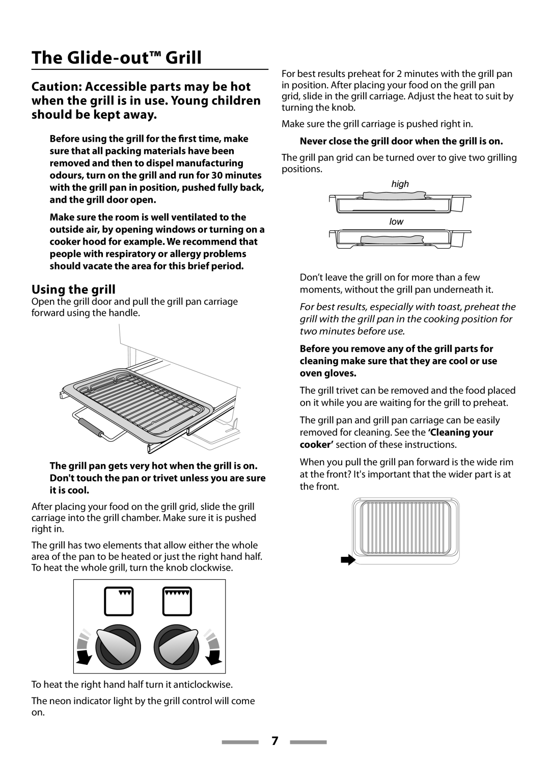 Rangemaster U109600-02 manual Glide-out Grill, Using the grill, Never close the grill door when the grill is on 