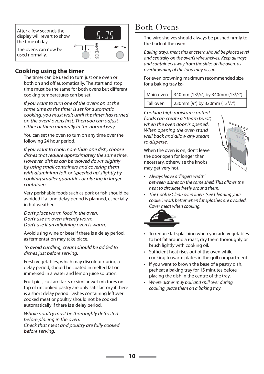 Rangemaster U109650-02 manual Both Ovens, Cooking using the timer, Tall oven 230mm By 320mm 12 1 