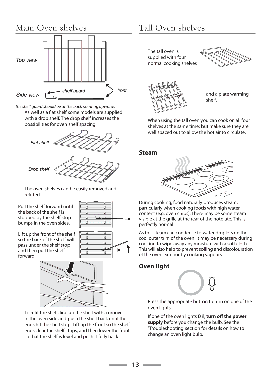 Rangemaster U109650-02 manual Main Oven shelves, Tall Oven shelves, Steam, Oven light 