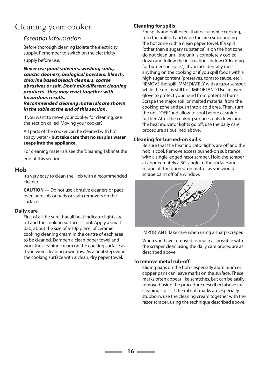 Rangemaster U109650-02 manual Cleaning your cooker, Hob 
