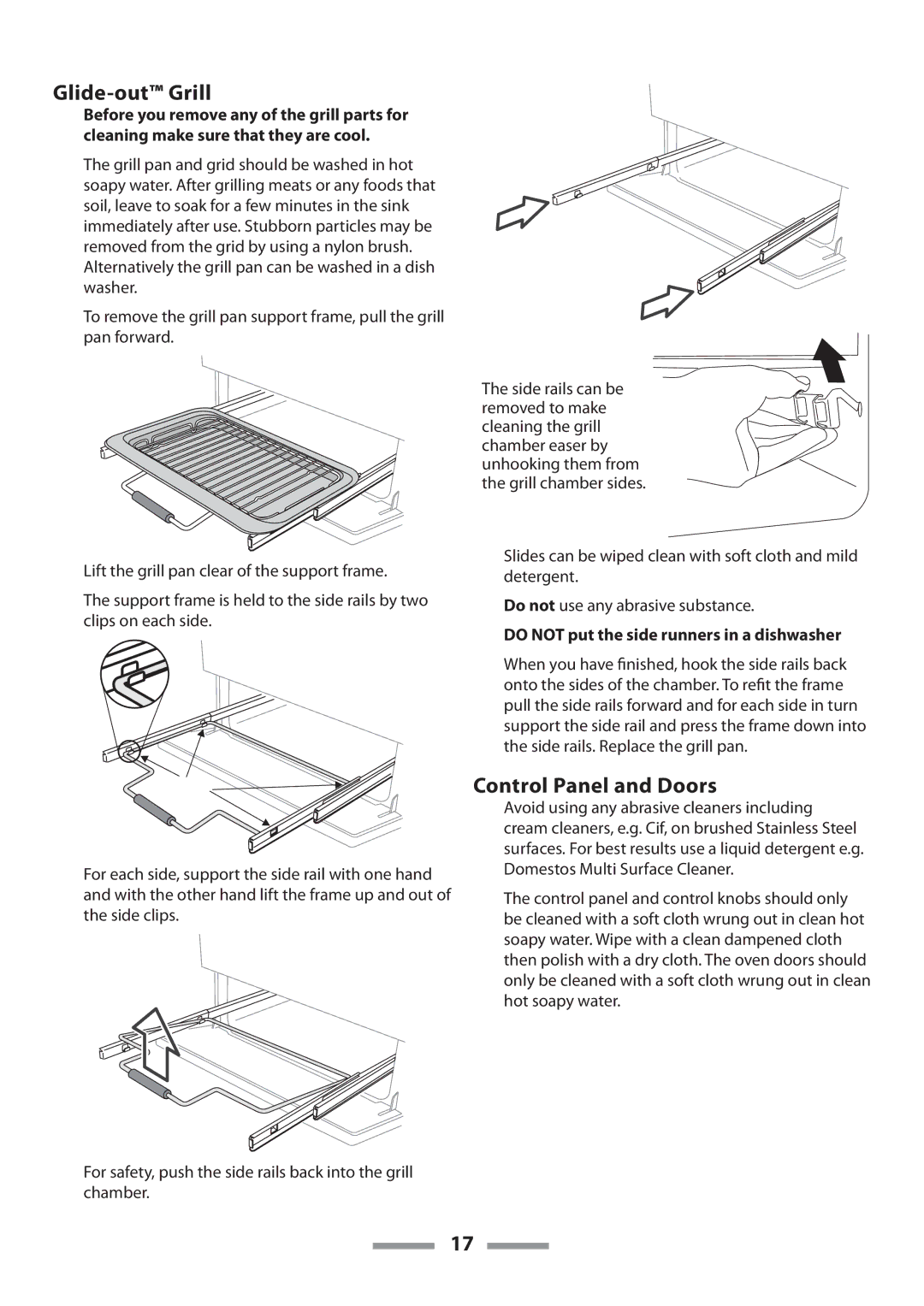 Rangemaster U109650-02 manual Glide-out Grill, Control Panel and Doors, Do not put the side runners in a dishwasher 