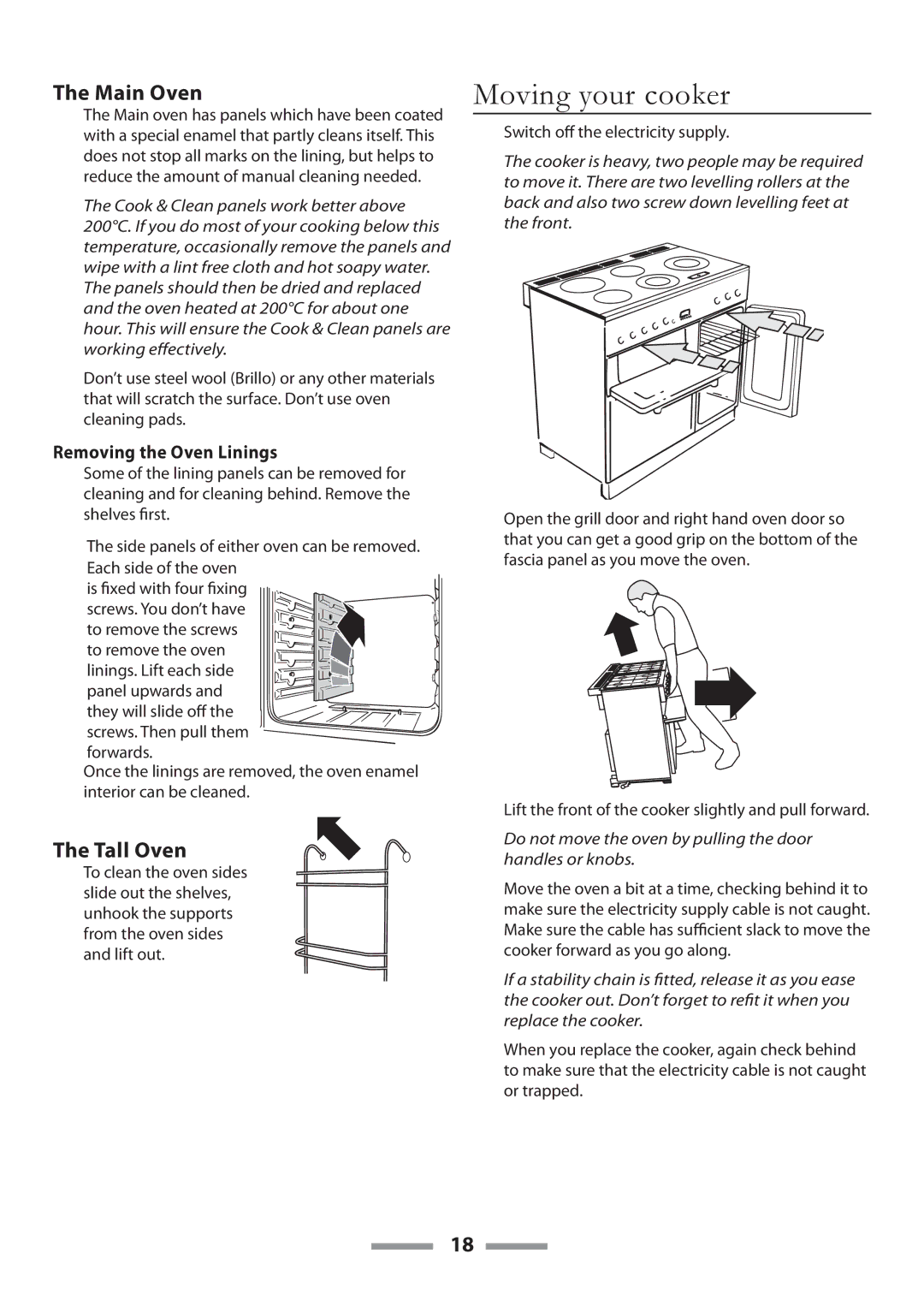 Rangemaster U109650-02 manual Moving your cooker, Main Oven, Tall Oven, Removing the Oven Linings 