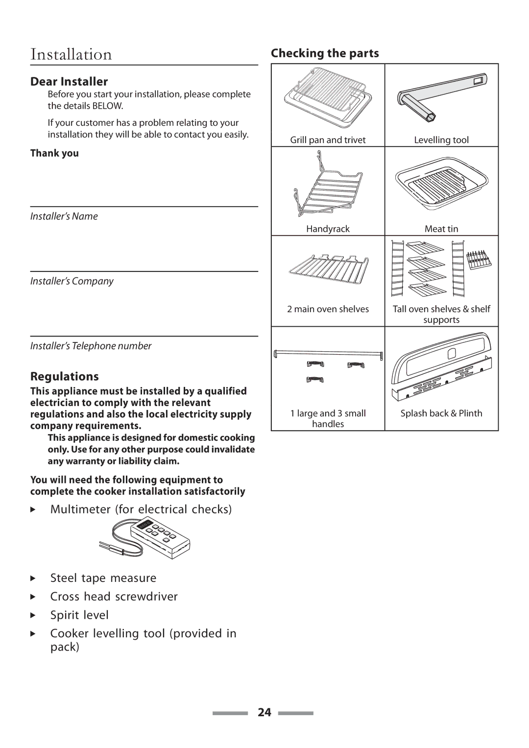 Rangemaster U109650-02 manual Installation, Dear Installer, Regulations, Checking the parts, Thank you 