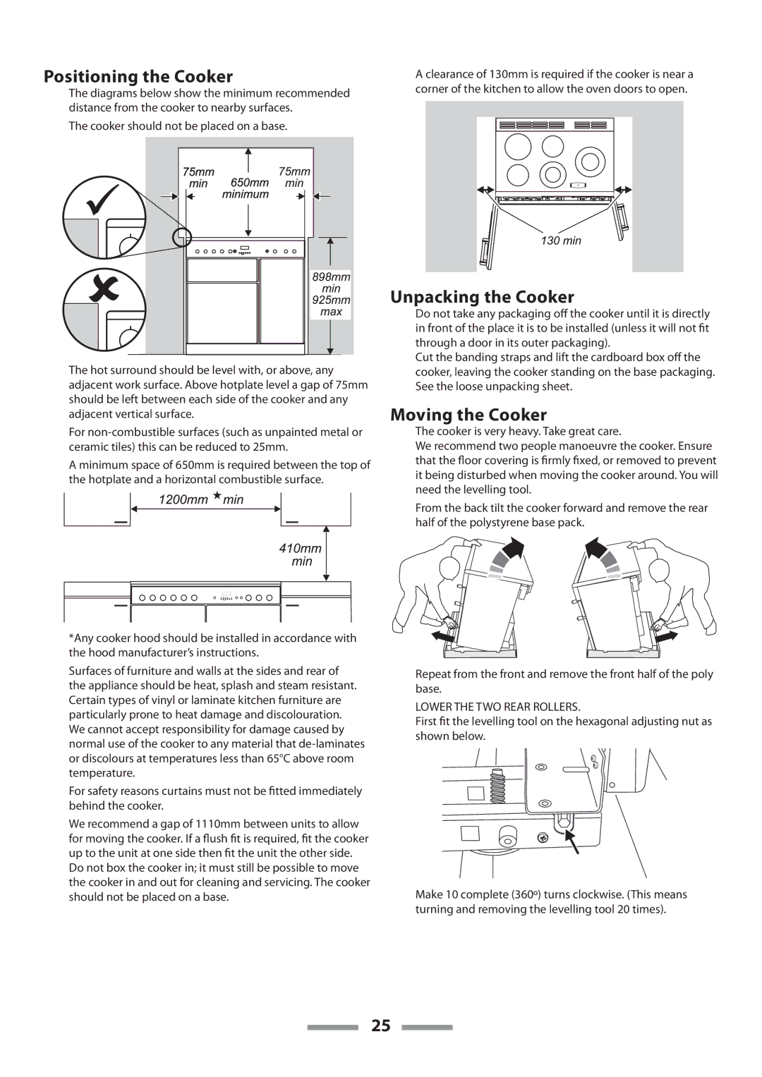 Rangemaster U109650-02 manual Positioning the Cooker, Unpacking the Cooker, Moving the Cooker 