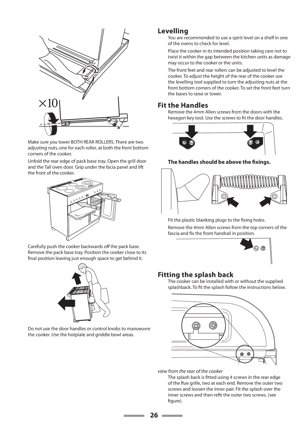 Rangemaster U109650-02 manual Levelling, Fit the Handles, Fitting the splash back, Handles should be above the ﬁxings 