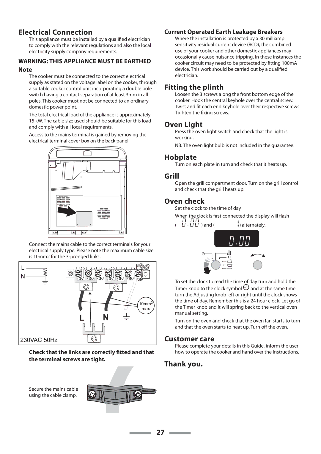 Rangemaster U109650-02 manual Electrical Connection, Fitting the plinth, Grill, Oven check, Customer care, Thank you 