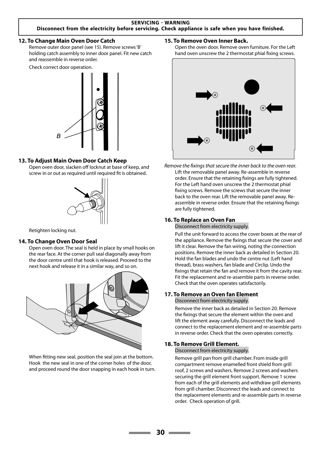 Rangemaster U109650-02 manual To Change Main Oven Door Catch, To Adjust Main Oven Door Catch Keep, To Change Oven Door Seal 