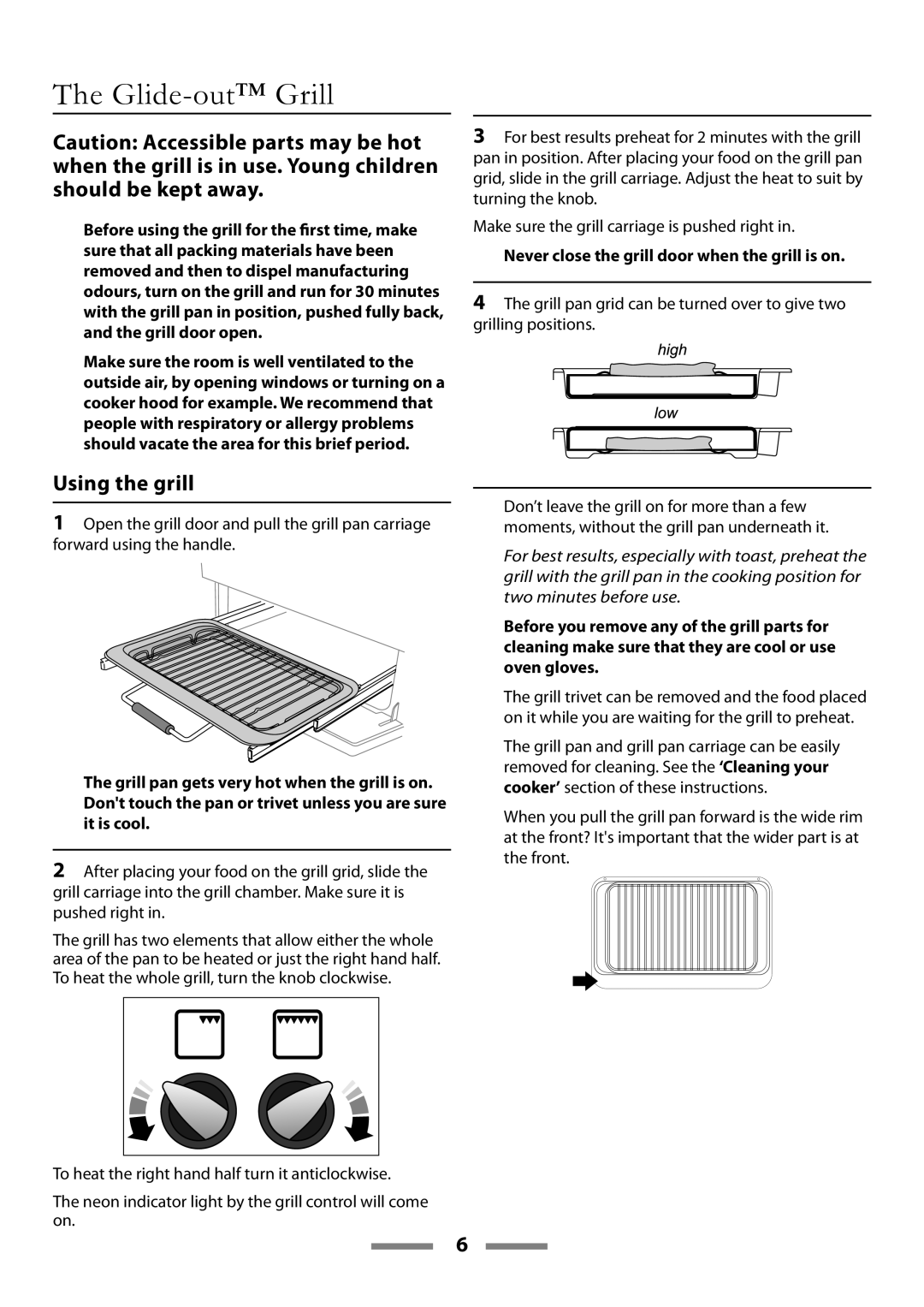 Rangemaster U109650-02 manual Glide-out Grill, Using the grill, Never close the grill door when the grill is on 